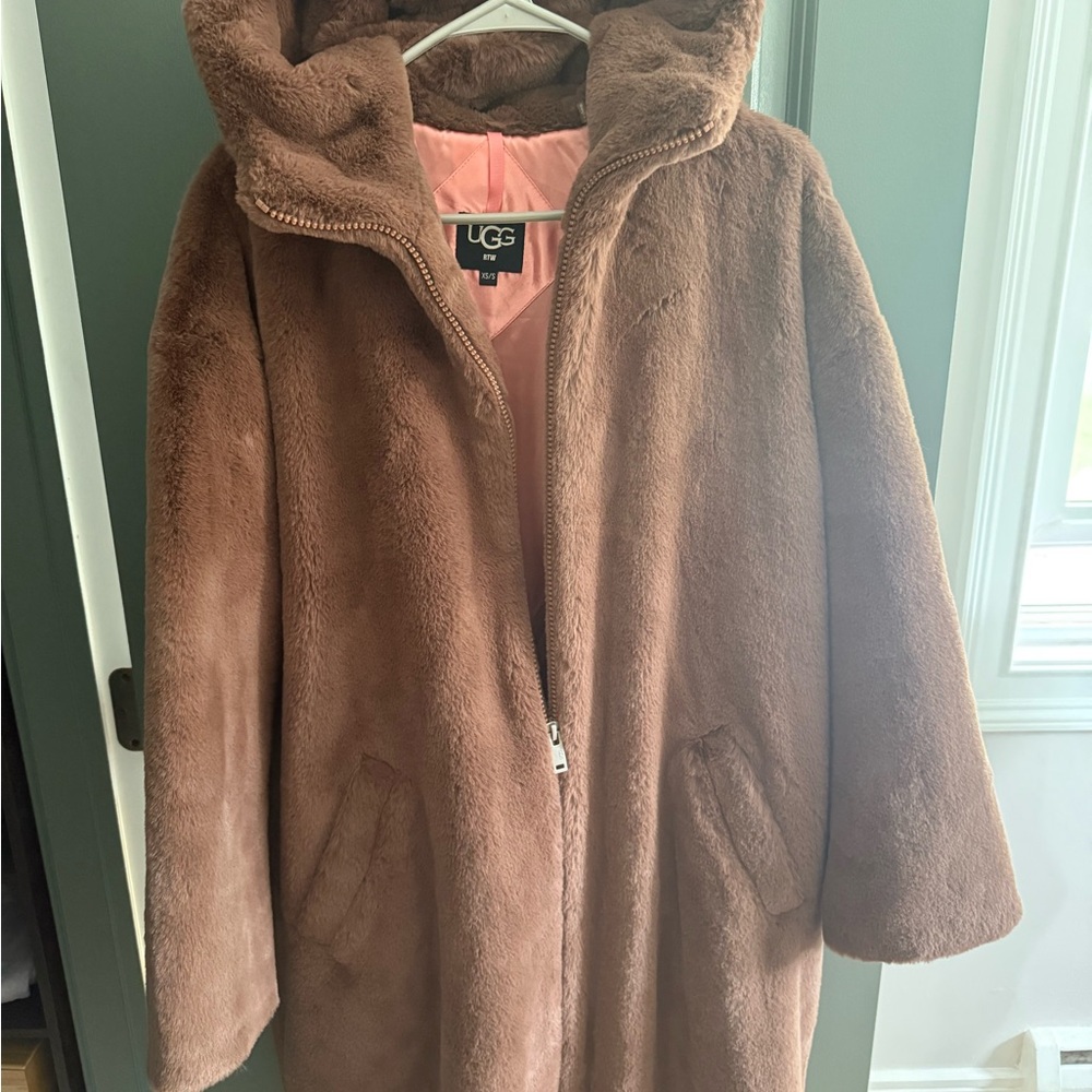 UGG Tan Faux Fur Jacket with Pink Lining